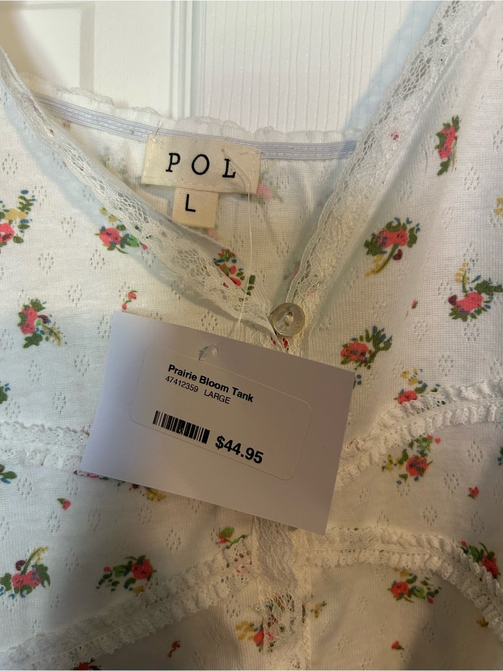 NWT POL Prairie Bloom Lace-Trim Tank Top in White with Pink & Green Floral - Picture 2 of 3